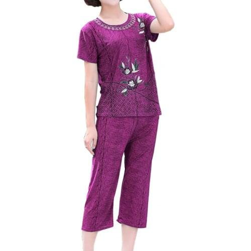 2021 Summer Women Outfit Pajamas O Neck Floral Print Short Sleeve T-shirt Casual Pants Loose Outfit Plus Size Pant Set