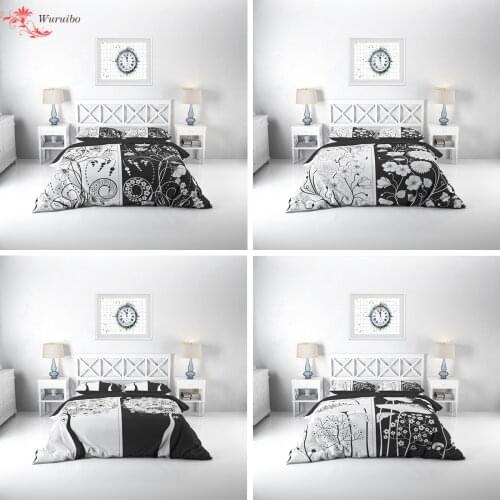 White and Black Design Flower Printed Bedding Set Nordic Double Bed Cover Bedspread Duvet Cover Pillowcase King Quilt for Winter