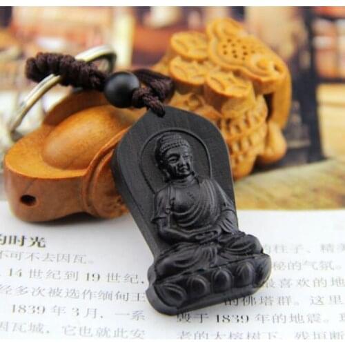 Black Wood Carving Chinese Shakyamuni Amitabha Buddha Feng Shui Statue Key Chain