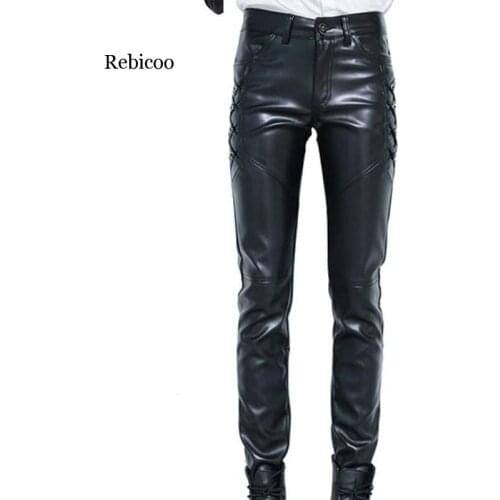 New Mens Elastic Faux Leather Pants PU Motorcycle Ridding Black Slim Fit Dance Party Trousers Biker Leather Pants For Male