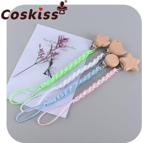 Coskiss Baby Feeding Accessories New Beech Wood Cartoon Animal Soother Nipples Holder Cotton Cloth Handmade Pacifier Chain