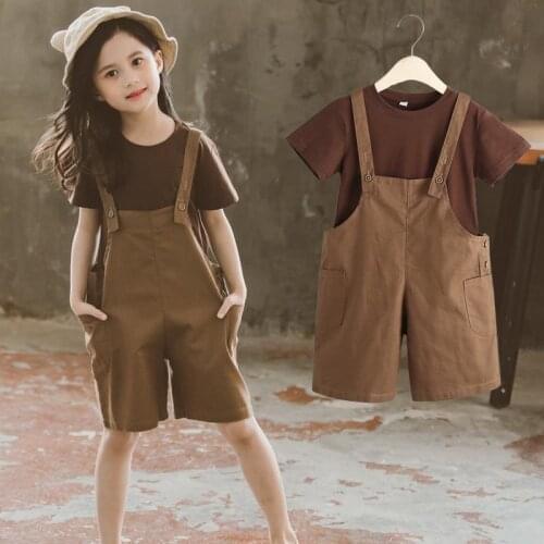 2021 Summer Kids Clothes Sets baby kids Girls Coffee T shirts + Suspenders Shorts Teenager Child Clothes 5 6 7 8 9 10 11 12 Year