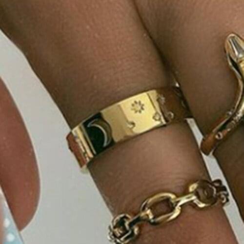 Moon and star band rings for women stainless steel engraved stackable rings free tarnish wholesale items minimalist jewelry 2021