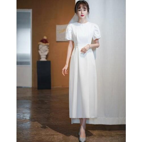 Modest Short Wedding Dress O-Neck Short Sleeve Soft Satin Ankle Length Bridal Gown Vestido De Noiva