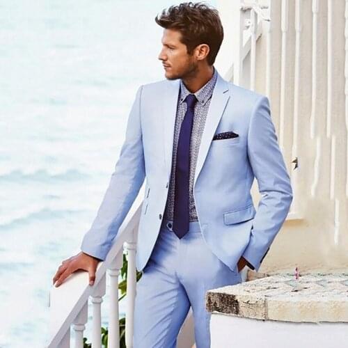 Summer Fashion Formal Sky Blue 2 Piece ( Coat+Pants) Peak Lapel Terno Masculino Groom Wear Tuxedos For Wedding