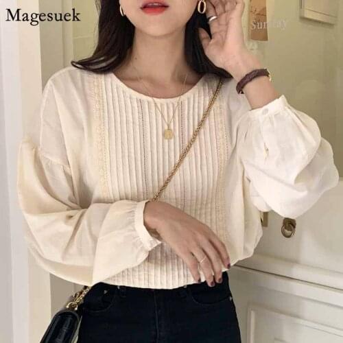 Fashion Cotton Pleated Plus Size White Blouse Women 2021 Long Sleeve Harajuku Shirt Loose Office Ladies Tops And Blouses 11457