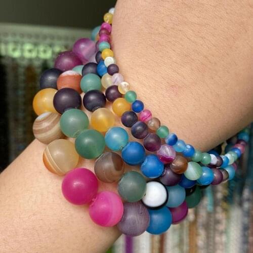 Natural Stone Matte Multicolor Striped Agates Beads Round Dull Polished Beads For Jewelry Making Diy Bracelets Charms 4-12mm 15"