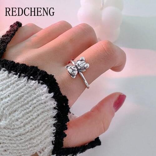 REDCHENG 925 Sterling Silver Cute Bear Rings for Women INS Fashion Exquisite Creative Sweet Animal Anniversary Jewelry Gifts