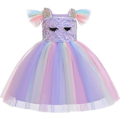 Party Baby Dress Girl Eyes with Ears Ruffle Unicorn Kids Dresses for Girls Rainbow Mesh Dress Summer Infant 1-6year Costume