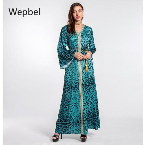 Wepbel Abaya Dubai Islamic Clothing Dress Muslim Dress Women Djellaba Leopard Print Musulman Djellaba Lace Abaya Robe Dress