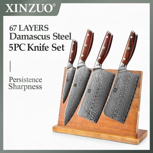XINZUO 5PCS Knife Set Damascus Steel Kitchen Knives Stainless Steel Kitchen Tools High Quality Acacia Wood Magnetic Knife Holder