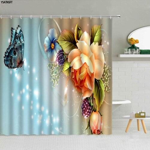 Fantasy Flower Butterfly Shower Curtain Rose Lotus Green Leaf Blue Background Polyester Bathroom Supplies Bath Screen Home Decor