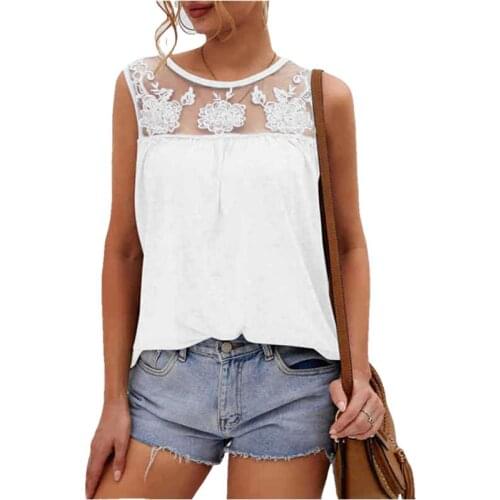 2021 Summer Sleeveless Shirts Women Casual Solid Color Round Neck Hollow Embroidery Tank Tops Ladies Stitching Lace Pleated Vest