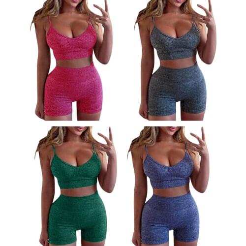 Women Summer Plus Size 2 Piece Yoga Outfits Set Spaghetti Strap Camis Crop Top High Waisted Shorts Solid Color Workout Tracksuit