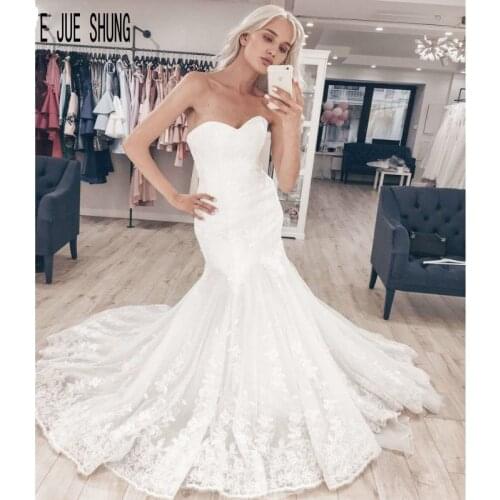 E JUE SHUNG Sexy Backless Boho Mermaid Wedding Dresses Sweetheart Sleeveless Lace Appliques Bridal Gowns Vestido De Noiva