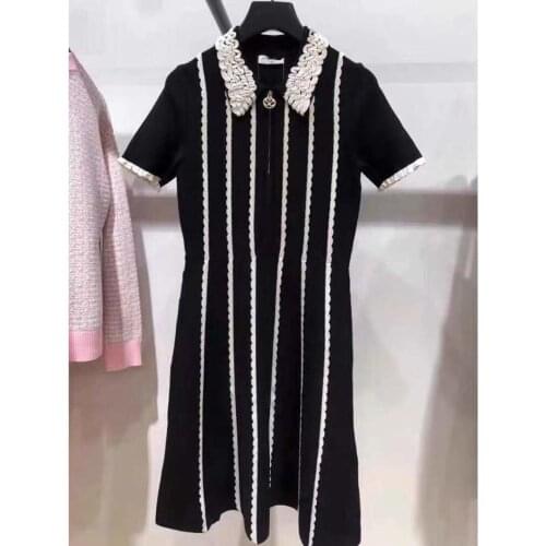 Womens Stitching Knitted Mini Dress Stripes Embroidered Hollow Out Ladies Short Sleeve Zipper A-Line Short Robe