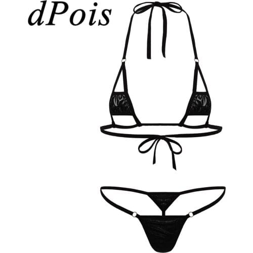 2Pcs Womens Sexy Shiny Metallic Hollow Out Mini Bikini Lingerie Set Halter Neck Tie-on Bra Top with G-String Thong Briefs Femme