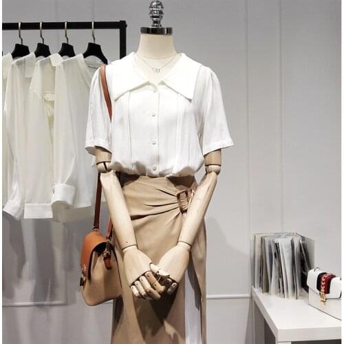 Womens Spring Summer Runway Fashion Vintage White Shirt Female Casual Loose Office Lady Basic Blouse Tees Tops TB1688