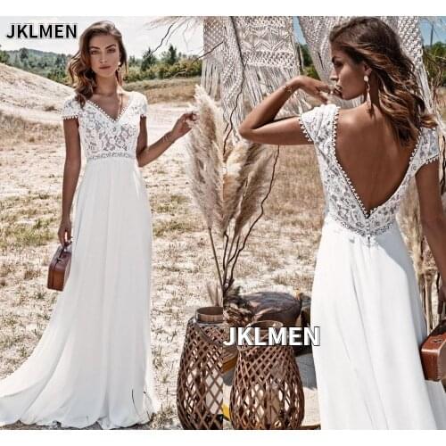 Bohemian Wedding Dress Vintage Lace Boho 2021 A-Line Simple Beach Bridal Gowns Chiffon Floor Length V-Neck Brush Train Backless