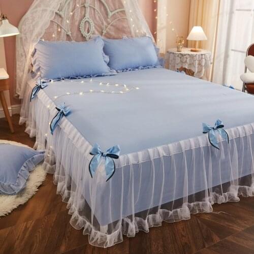 Cilected 3Pcs/Set Korean Net Yarn Bowknot Bed Skirt Bedspread Pillowcase INS Princess Style Lace Mattress Protection Cover Decor