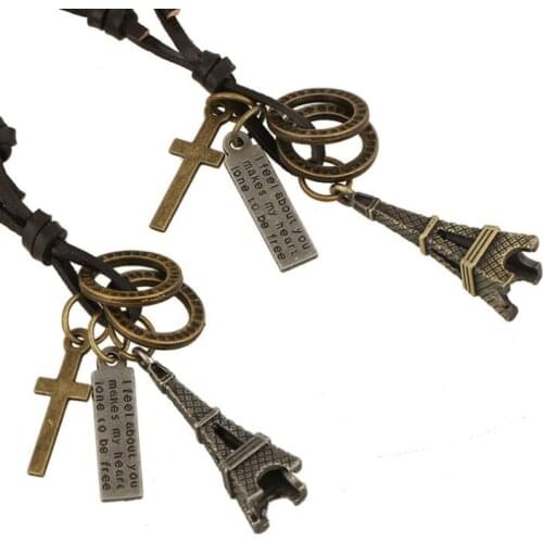 Fashion Vintage Tower Cross Long Necklace Genuine Leather Chain Alloy Pendant Chunky Choker Retro Charm Men Women Hiphop Jewelry