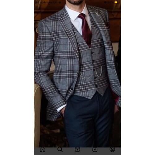 2 Sets Plaid Men Suits Modern Navy Custom Made Handsome Men Suits Single Breasted Cotton Formal Business Coat+Pant+Vest