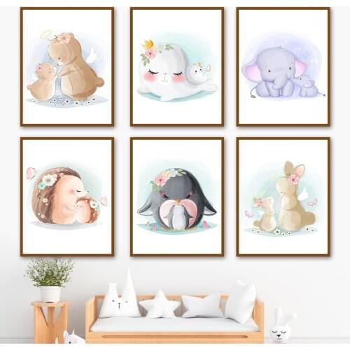 Mother Baby Girl Animals Penguin Bear Nursery Wall Art Canvas Painting Nordic Posters And Prints Wall Pictures Kids Room Decor