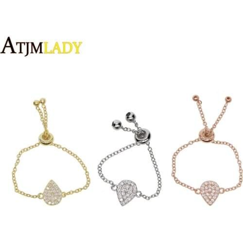 New 100% 925 sterling silver tear drop pear shape CZ adjust delicate chain fashion women girl adjust dainty cz ring Jewelry