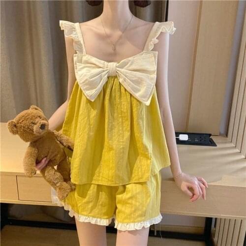 Pajamas Sets Women Pleated Ruffles Bow Spaghetti-strap Sleepwear Sweet Girls Stylish Elegant Loose Comfortable Ulzzang Nightwear