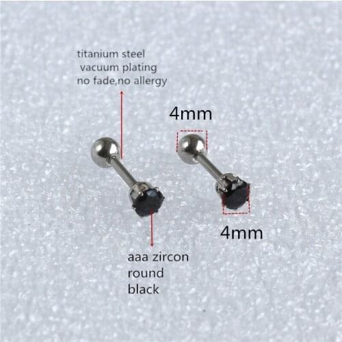 Korean Titanium Screw Stud Earrings With Black AAA Zircon 4mm 316L Stainless Steel No Fade No Allergy