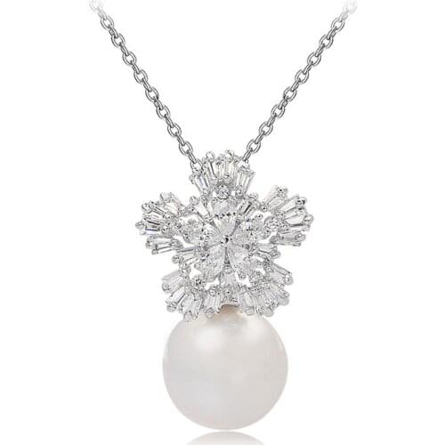 SLBRIDAL Copper Alloy Micro Pave Cubic Zirconia Pearls Bridal Wedding Necklace CZ Pendant Women Banquet Party Fashion Jewelry