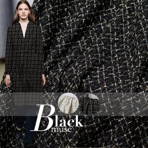 The cloth style black white gold thread tweed 100%polyster Autumn jacket DIY clothes fabrics Freeshipping