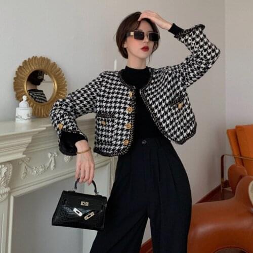2021 New retro French ladies high-quality Coat Female small fragrance short jacket female temperament houndstooth Coat Women