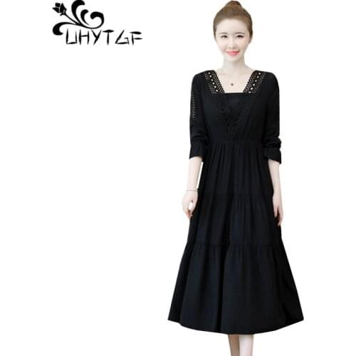 UHYTGF Women dresses long sleeves autumn dress fashion pullover elegant long dress female black white 5XL plus size dresses 1081