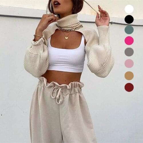 Womens Sweaters Turtleneck Lantern Sleeve Crop Tops Autumn Winter Pullover Shawl Sweater Streetwear Casual Pull Jumpers Tops