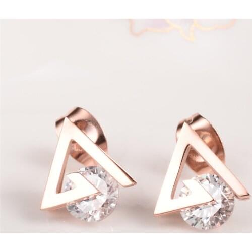 Martick Gold Color Accessary Triangle Stud Earrings For Female With Round Shining AAA Cubic Piercing Earrings Brincos E183