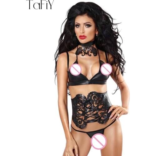 TaFiY Erotic Sexy Latex Umiform Catsuit Lingerie For Women Sexi Strappy Body suit Cosplay Jumpsuit Erotic Faux Leather Costumes