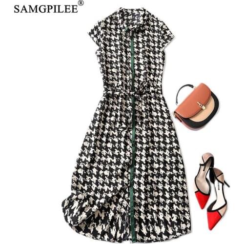 Summer 2021 New Korean Style Office Lady A-line Print Short Sleeve Button Knee-length Empire Polo Collar Women Dresses 4XL