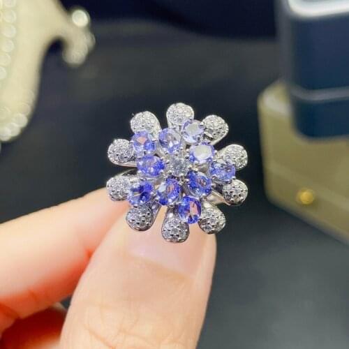 Trendy 100% 925 Sterling Silver Rings Natural Tanzanite Gemstone Adjustable Romantic Cute Flowers Ring For Women Fine Jewelry