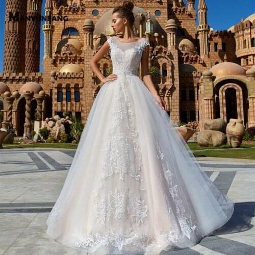 High-End O-Neck Cap Sleeve Chapel Train Wedding Dress for Women Elegant Button Back Embroidery Appliques Tulle Bridal Ball Gown