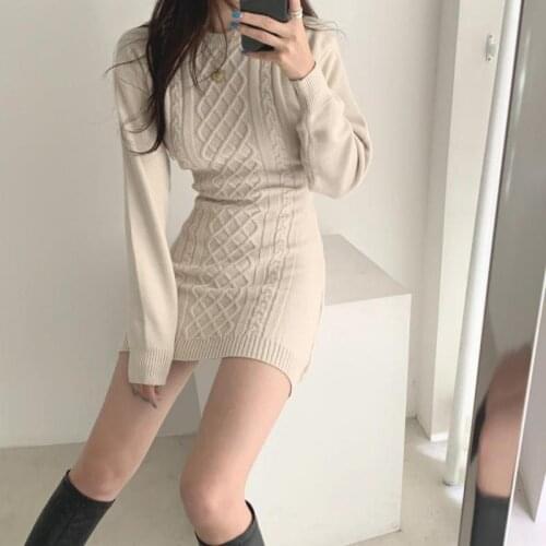 Korean Ins Autumn Winter Temperament Round Neck Sweater Dress Bodycon Open Back Slim Wrap Hip Knitted Dress Women Chic Thick X38
