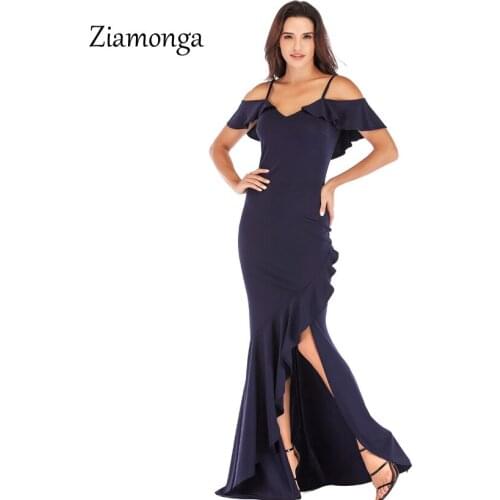 Ziamonga Black Blue Pink Women Ruffle Dress Elegant Off Shoulder Backless Split Maxi Long Dress 2019 Summer Strapless Sexy Dress