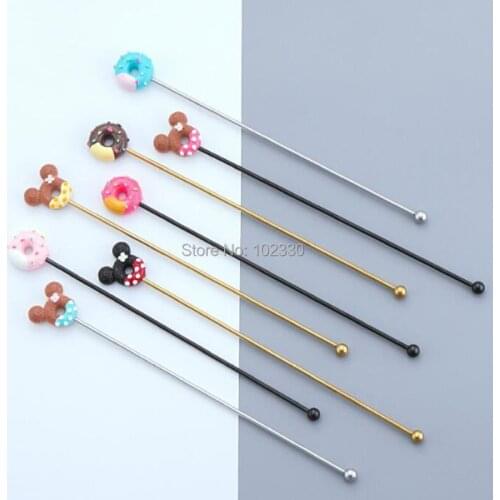 100pcs Cute Resin Donut Stainless Steel Coffee Stir Bar Bar Cocktail Mixing Spoon Stirring Rod Silver Gold