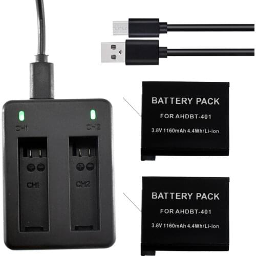 2 PACK Battery AHDBT401 + USB Charger for GoPro HERO 4 CHDHY401 CHDHX401 CHDBX401 CHDBY401
