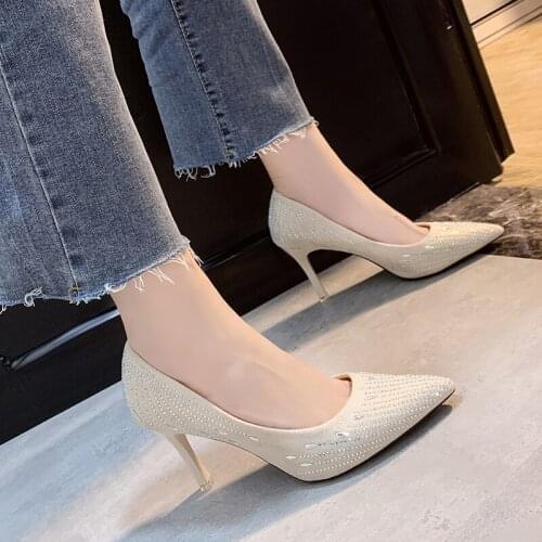 2020 Women High Heels Single Shoes Female Sexy Mature Luxury Rhinestone Advanced Spring New Wedding Party Woman Shoes W37-03