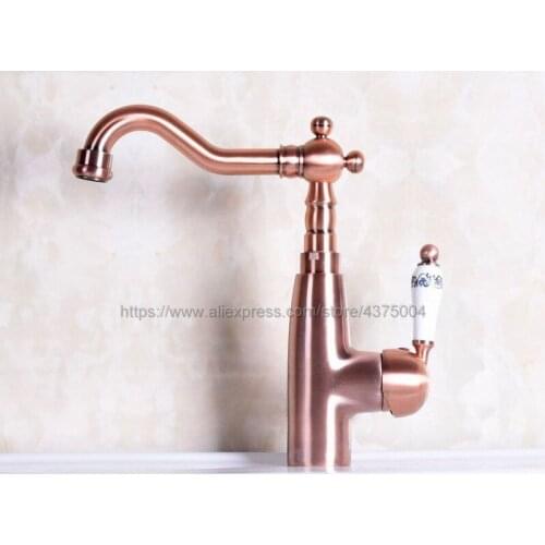 Antique Red Copper Bathroom Single Handle Hole Hot Cold Water Mixer Taps Bathroom Deck Mounted Basin Faucet Nnf133