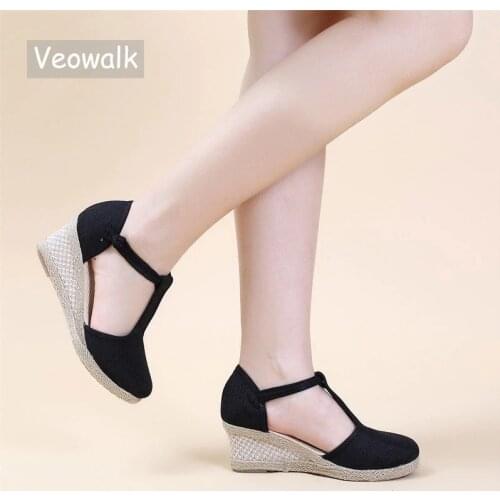 Veowalk Bohemian Women Handmade Linen Cotton Wedge Espadrilles Sandals T-Strap Summer Comfortable High Heel Platforms Shoes