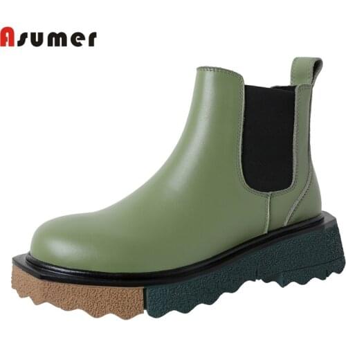 Asumer Chelsea Boots Genuine Leather Shoes Stretch Slip On Fashion Ankle Boots Platform Short Autumn Winter Ladies Shoes
