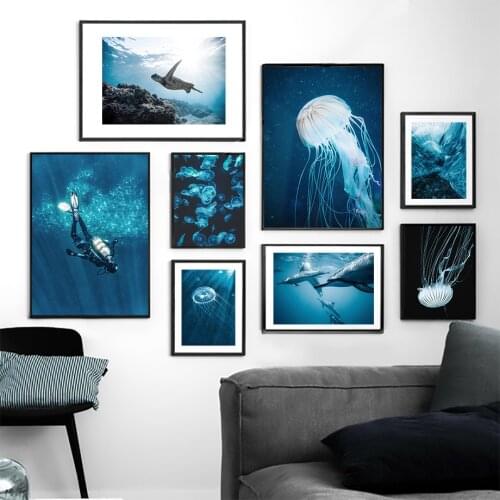 Dolphin Jellyfish Turtle Ocean Dive Wall Art Canvas Painting Nordic Posters And Prints Wall Pictures For Living Room Home Decor