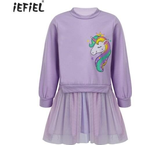 New Kids Dresses For Girls Spring Autumn Long Sleeve Clothes Cartoon Print Sweatshirt Bodice Patchwork Pleated Mesh Tutu Dress
